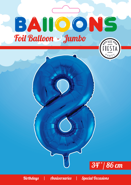 Folie Ballon Cijfer 8 Blauw XL 86cm leeg - Partywinkel - 5712735007234