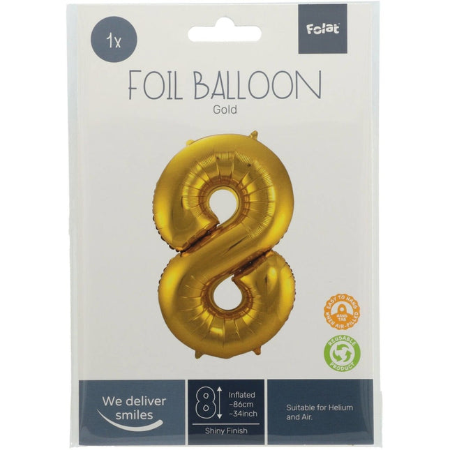 Folie Ballon Cijfer 8 Goud Metallic XL 86cm leeg van Folat koop je bij Partywinkel