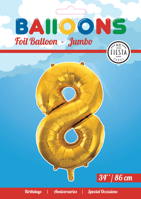 Folie Ballon Cijfer 8 Goud XL 86cm leeg - Partywinkel - 5712735006756