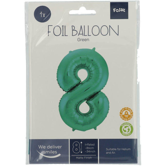 Folie Ballon Cijfer 8 Mat Groen XL 86cm leeg van Folat koop je bij Partywinkel