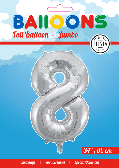 Folie Ballon Cijfer 8 Zilver XL 86cm leeg - Partywinkel - 5712735006657