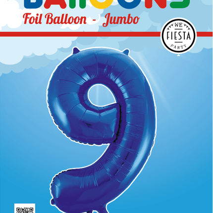 Folie Ballon Cijfer 9 Blauw XL 86cm leeg - Partywinkel - 5712735007241