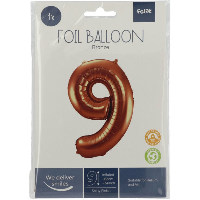 Folie Ballon Cijfer 9 Brons XL 86cm leeg van Folat koop je bij Partywinkel