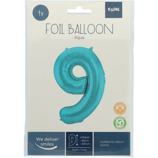 Folie Ballon Cijfer 9 Pastel Mintgroen XL 86cm leeg van Folat koop je bij Partywinkel