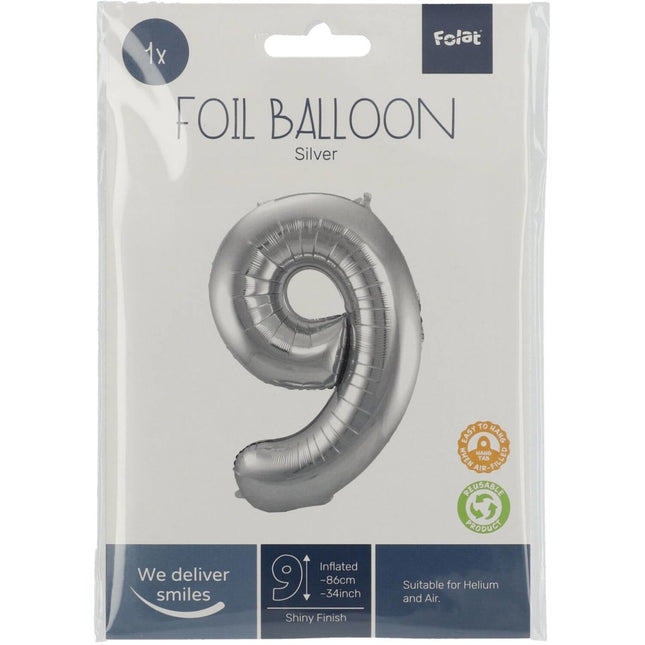 Folie Ballon Cijfer 9 Zilver Metallic XL 86cm leeg van Folat koop je bij Partywinkel