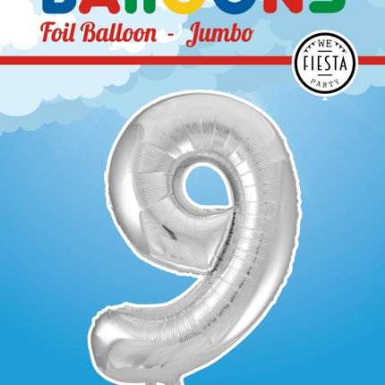 Folie Ballon Cijfer 9 Zilver XL 86cm leeg - Partywinkel - 5712735006664