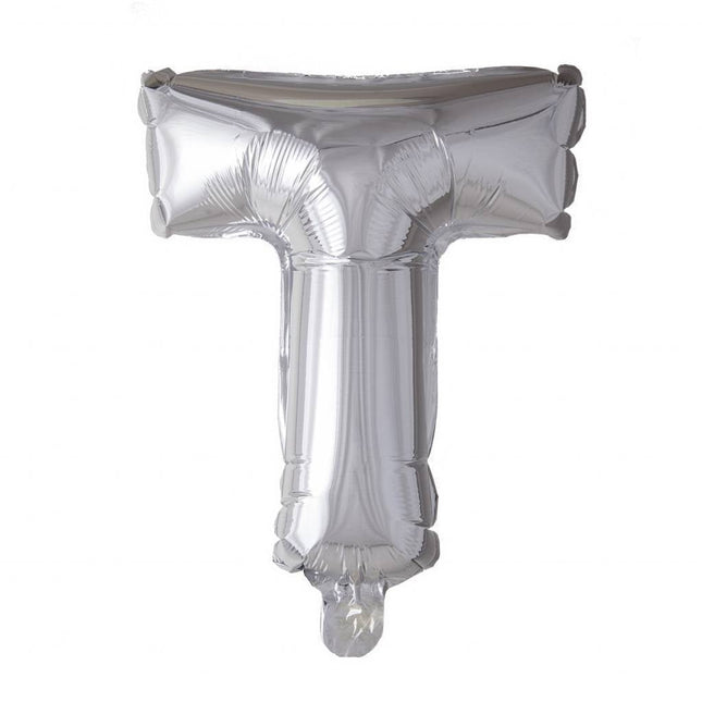Folie Ballon Letter T Zilver 41cm met Rietje van WeFiesta koop je bij Partywinkel