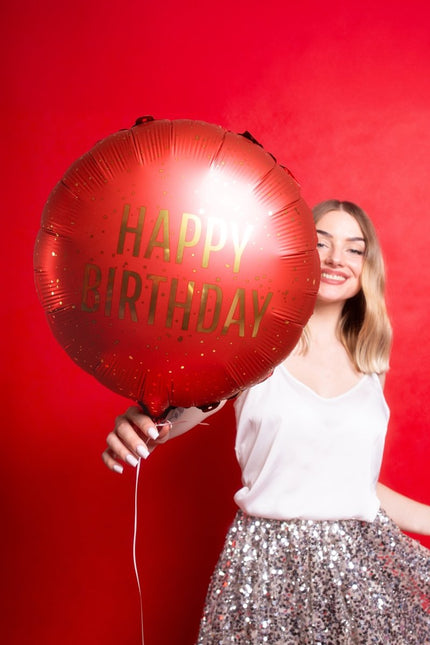 Folieballon rond Happy Birthday, 35x35 cm, donkerrood Leeg van Partydeco koop je bij Partywinkel