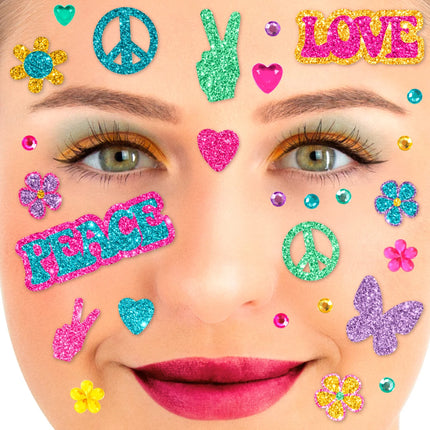 Kolorowe tatuaże na twarz z brokatem „Flower Power”