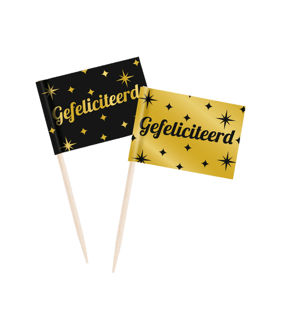 Gefeliciteerd Cocktailprikkers Zwart Goud 6,5cm 50st van Paper Dreams koop je bij Partywinkel