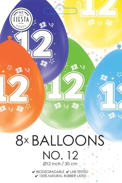 Gekleurde Ballonnen 12 Jaar 30cm 8st van WeFiesta koop je bij Partywinkel