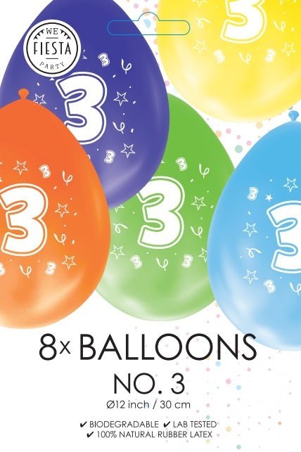 Gekleurde Ballonnen 3 Jaar 30cm 8st van WeFiesta koop je bij Partywinkel