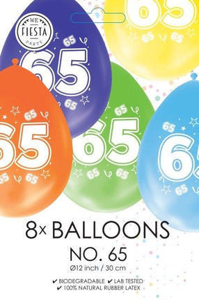 Gekleurde Ballonnen 65 Jaar 30cm 8st van WeFiesta koop je bij Partywinkel