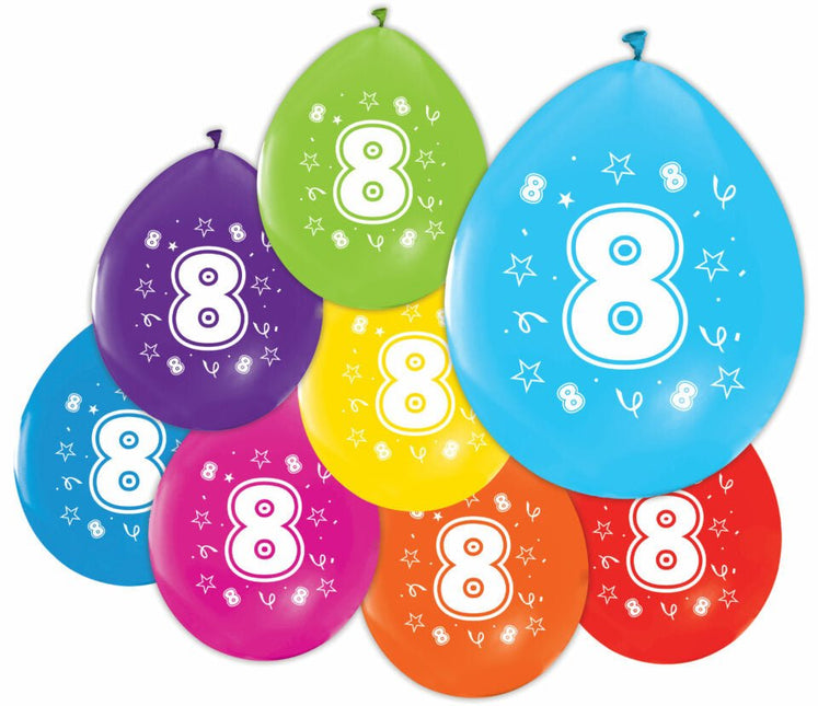 Gekleurde Ballonnen 8 Jaar 30cm 8st van WeFiesta koop je bij Partywinkel