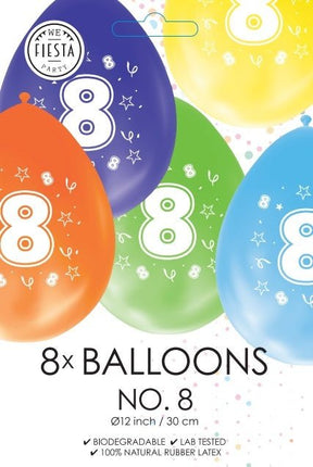 Gekleurde Ballonnen 8 Jaar 30cm 8st van WeFiesta koop je bij Partywinkel