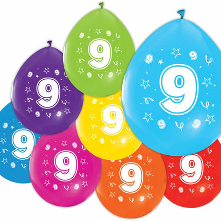 Gekleurde Ballonnen 9 Jaar 30cm 8st van WeFiesta koop je bij Partywinkel