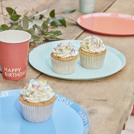Gekleurde Happy Birthday Borden Papier 25cm 8st van Ginger Ray koop je bij Partywinkel