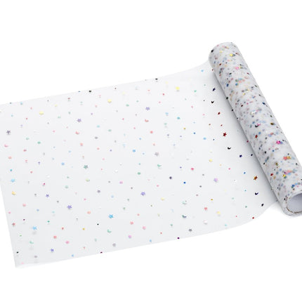 Gekleurde Tafelloper Tule Sterren 9m van Partydeco koop je bij Partywinkel