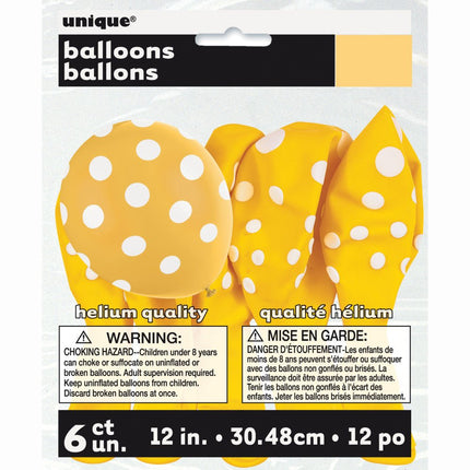 Gele Ballonnen Witte Stippen 30cm 6st van Unique koop je bij Partywinkel