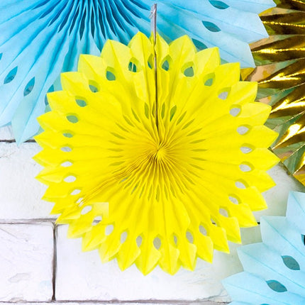 Gele Papieren Waaiers 20cm 3st van Partydeco koop je bij Partywinkel