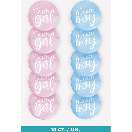 Gender Reveal Buttons Team Boy En Team Girl 3cm 10st van Unique koop je bij Partywinkel