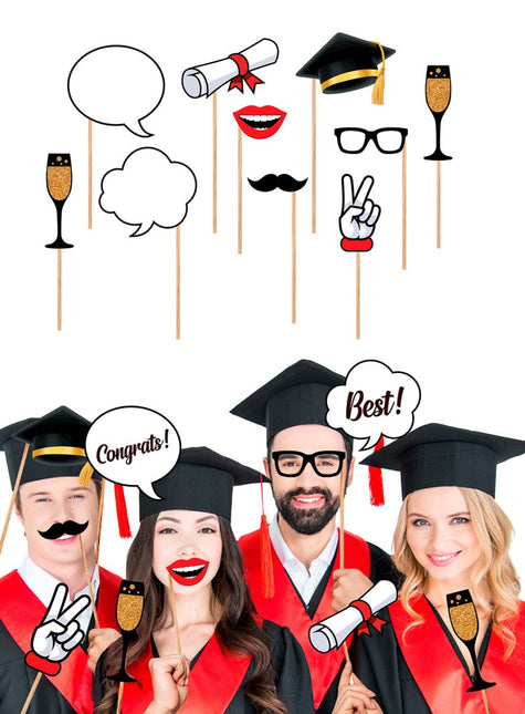 Geslaagd Photobooth Props Zwart Goud 10st - Partywinkel - 8434077311233