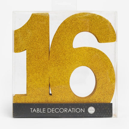 Goud Tafeldecoratie Cijfer 16 Glitter 20,5cm van WeFiesta koop je bij Partywinkel