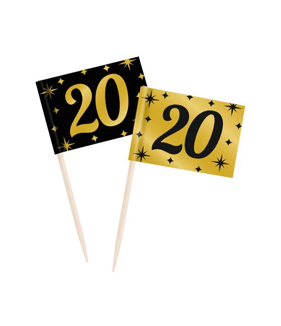 Goud Zwarte Cocktailprikkers 20 Jaar 6,5cm van Paper Dreams koop je bij Partywinkel