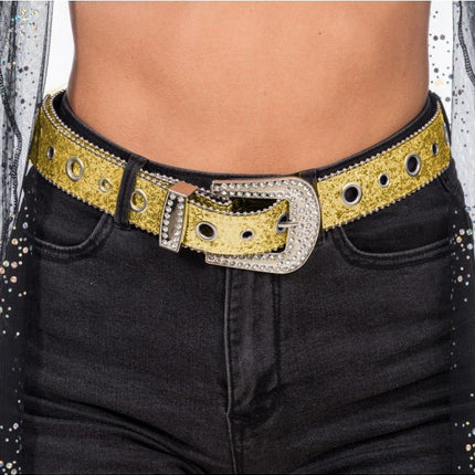 Gouden Glitterriem met Strass Western Gesp 112cm van CHAKS koop je bij Partywinkel