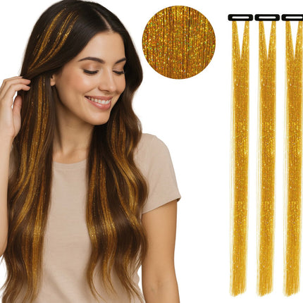 Gouden Hair Extension Glitters 50cm 3st van Fiestas Guirca koop je bij Partywinkel
