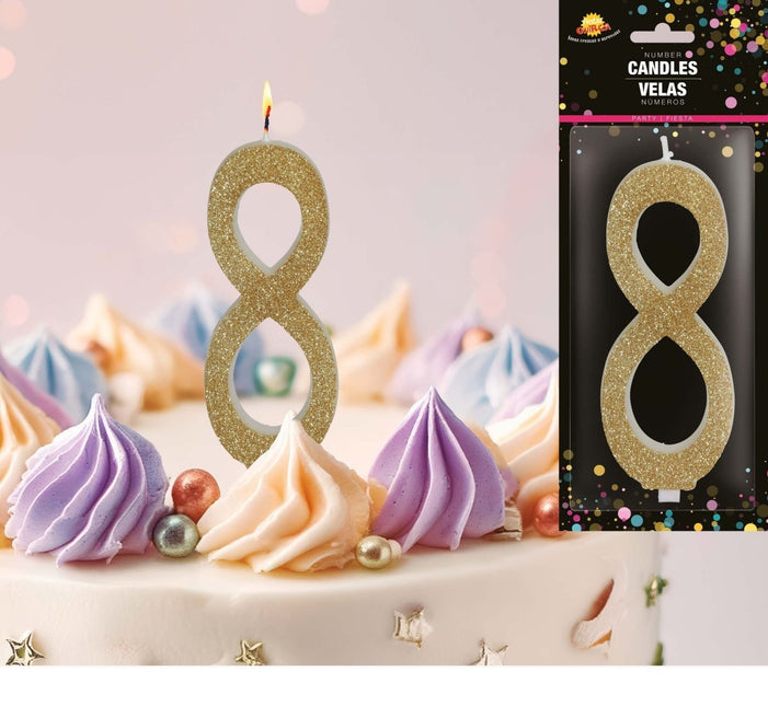 Gouden Kaars 8 Jaar Glitter 12,5cm van Fiestas Guirca koop je bij Partywinkel