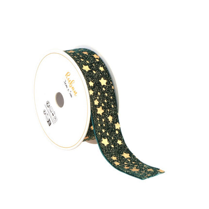 ZIELONO-ZŁOTA AKSAMITNA WSTĄŻKA W GWIAZDKI 25 MM X 3 M