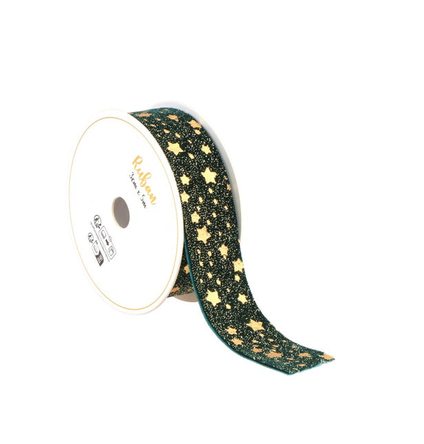 ZIELONO-ZŁOTA AKSAMITNA WSTĄŻKA W GWIAZDKI 25 MM X 3 M