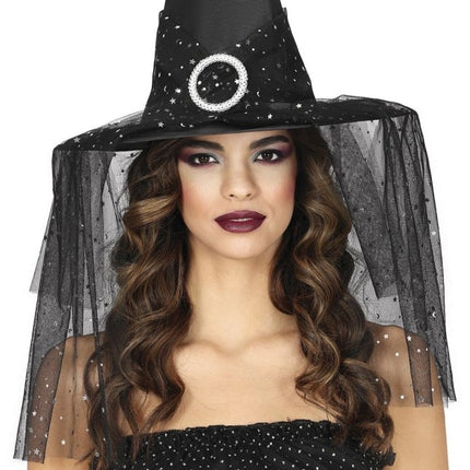 Halloween Heksenhoed Met Sluier En Sterren - Partywinkel - 8434077135181