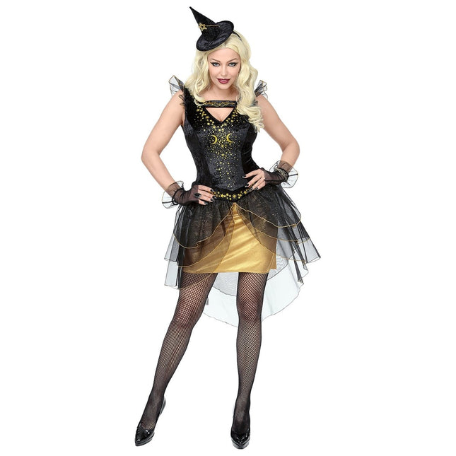 Halloween Jurk Zwart Goud Dames Heks van Widmann koop je bij Partywinkel