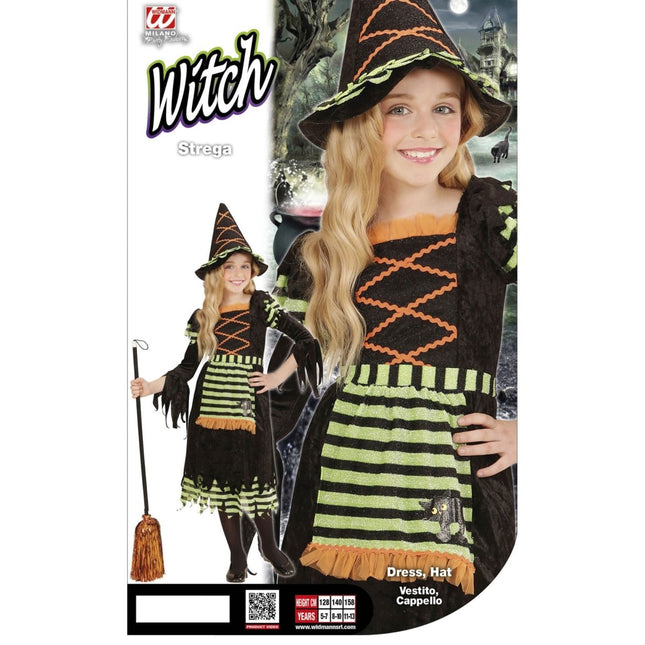 Halloween Jurk Zwart Groen Meisje Heks van Widmann koop je bij Partywinkel