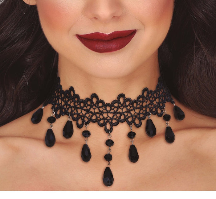 Halloween Ketting Zwart Choker Stenen - Partywinkel - 8434077268193