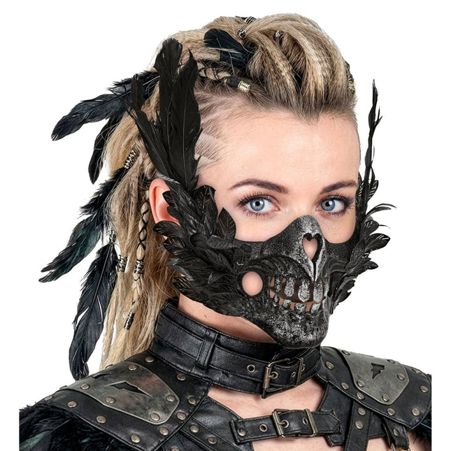 Halloween Masker Zwart Schedel Met Veren van Widmann koop je bij Partywinkel