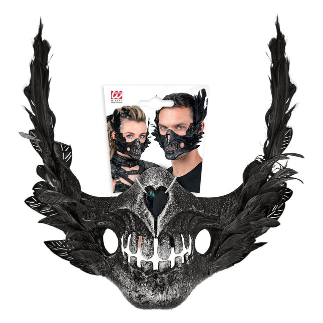 Halloween Masker Zwart Schedel Met Veren van Widmann koop je bij Partywinkel