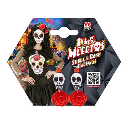 Halloween Oorbellen Rood Wit Schedels Met Roos van Widmann koop je bij Partywinkel