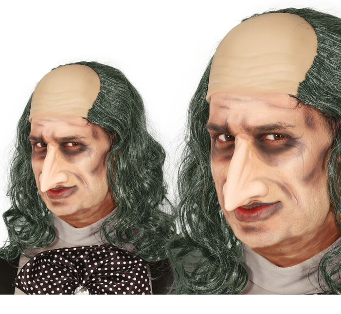 Halloween Pruik Kaal Met Lang Grijs Haar - Partywinkel - 8434077480526