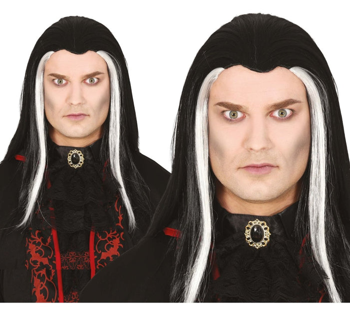 Halloween Pruik Wit Zwart Vampier - Partywinkel - 8434077480519