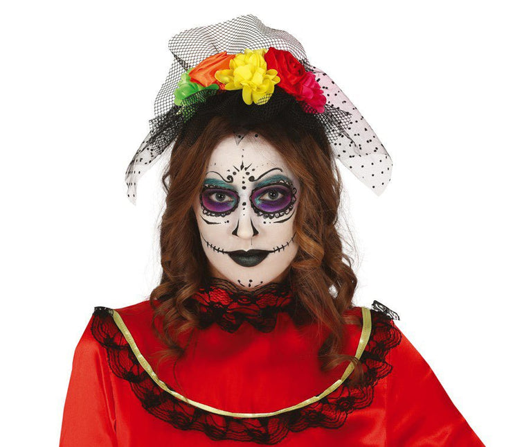 Halloween Tiara Bloemen En Sluier Gekleurd van Fiestas Guirca koop je bij Partywinkel