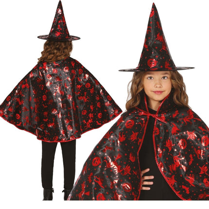 Halloween Verkleedset Zwart Rood Meisje Heks 2 delig - Partywinkel - 8434077190098