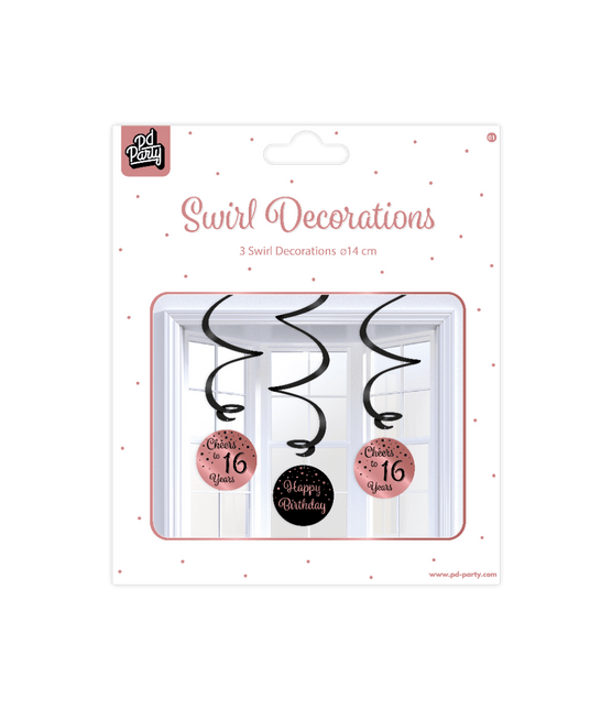 Hangdecoratie 16 Jaar Happy Birthday Zwart Roze 17cm 3st van Paper Dreams koop je bij Partywinkel