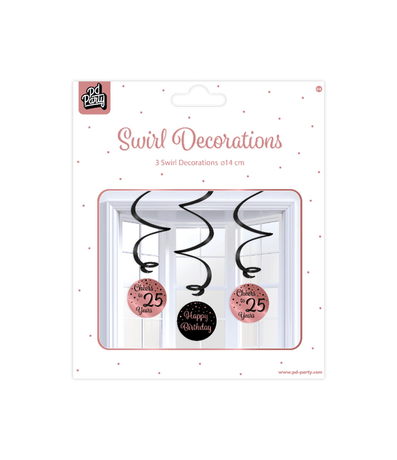 Hangdecoratie 25 Jaar Happy Birthday Zwart Roze 17cm 3st van Paper Dreams koop je bij Partywinkel