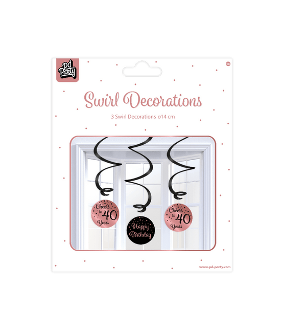 Hangdecoratie 40 Jaar Happy Birthday Zwart Roze 17cm 3st van Paper Dreams koop je bij Partywinkel