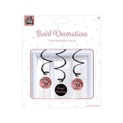 Hangdecoratie 60 Jaar Happy Birthday Zwart Roze 17cm 3st van Paper Dreams koop je bij Partywinkel