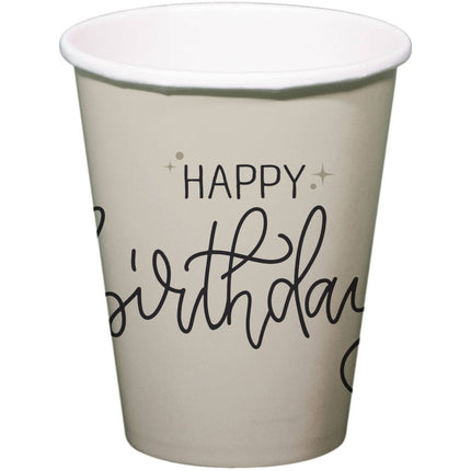 Happy Birthday Bekers Zwart Wit 250ml 8st van Folat koop je bij Partywinkel