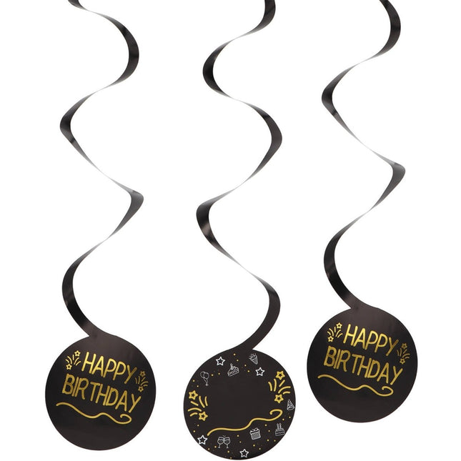 Happy Birthday Hangdecoratie Zwart Goud 3st van Folat koop je bij Partywinkel